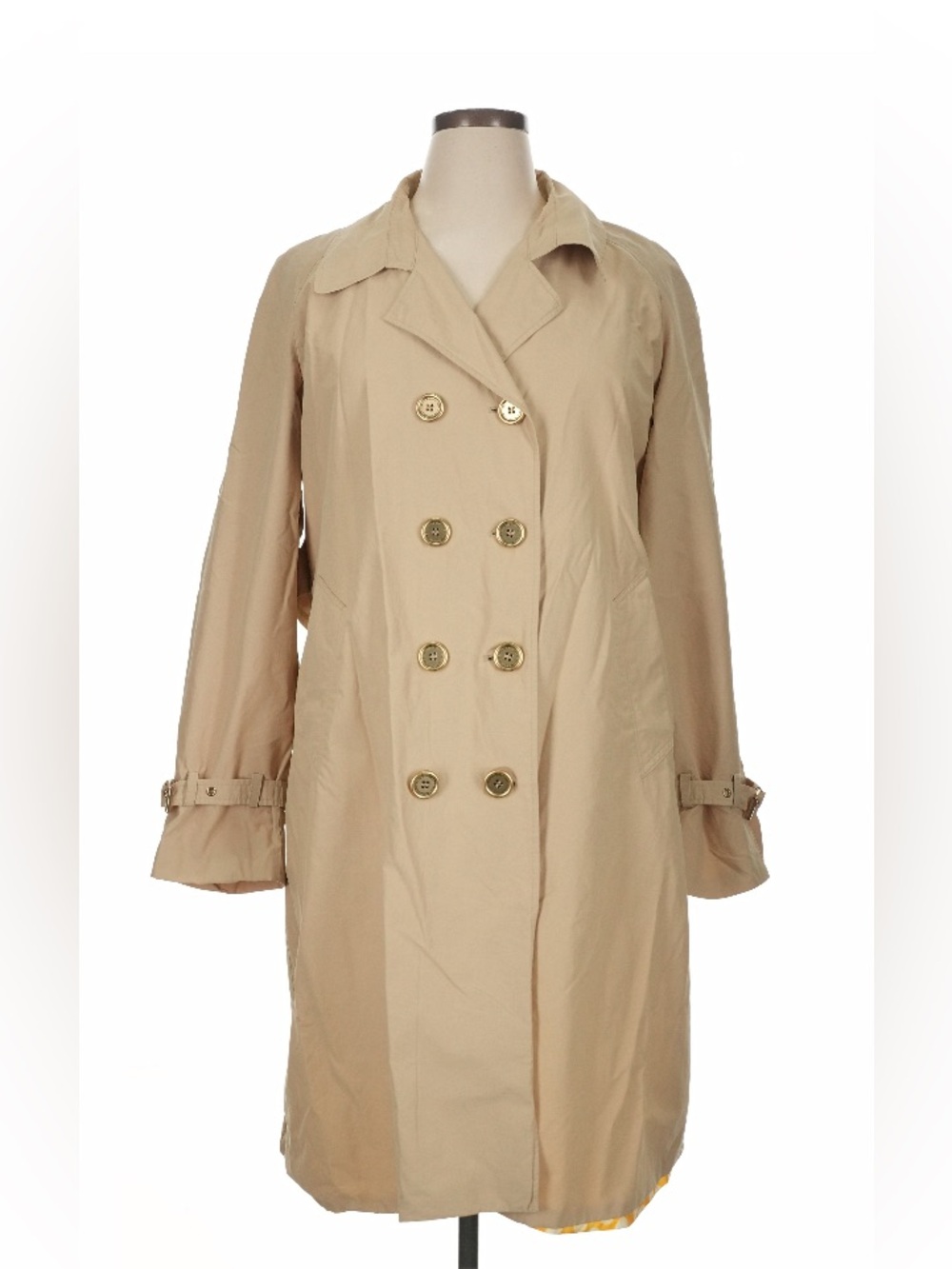 XL Isaac Mizrahi Live Tan gold trench coat yellow polka dot lining